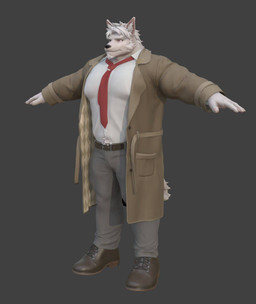 anthro belt bottomwear brown_belt brown_clothing brown_coat brown_footwear brown_shoes brown_topwear clothing coat collared_shirt dress_shirt facial_hair footwear fur goatee grey_background grey_bottomwear grey_clothing grey_pants hair inner_ear_fluff male muscular muscular_anthro muscular_male necktie nipple_outline overcoat pants pecs red_necktie shirt shoes simple_background solo t-pose tail topwear tuft white_body white_clothing white_fur white_hair white_inner_ear_fluff white_shirt white_topwear wolfiebare bae_wulf_(wolfiebare) canid canine canis mammal wolf 2025 3d_(artwork) digital_media_(artwork) hi_res