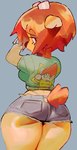 anthro bottomwear butt clothing denim denim_bottomwear denim_clothing denim_shorts female green_short hair looking_back rear_view red_hair shorts solo tail wamudraws parappa_the_rapper playstation sony_corporation sony_interactive_entertainment um_jammer_lammy lammy_lamb bovid caprine mammal sheep 2024