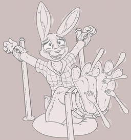 3_toes 4_fingers anthro barefoot bdsm bodily_fluids bondage bottomwear bound breasts claws cleavage clothed clothing crying crying_laughing cutlery eyeliner feet female finger_claws fingers foot_focus fork hindpaw kitchen_utensils laugh limb_slot makeup open_mouth open_smile pants pattern_clothing pattern_shirt pattern_topwear paws plaid plaid_clothing plaid_shirt plaid_topwear scut_tail shirt short_tail simple_background sitting smile solo spread_toes submissive submissive_female tail tears tickle_torture tickling tickling_feet toe_claws toes tools topwear caroo disney zootopia judy_hopps lagomorph leporid mammal rabbit