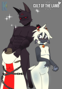 2_horns anthro biped blush dark_body dark_fur duo featureless_crotch fur grey_background hair head_tuft horn light_body light_fur looking_at_another male male_anthro navel red_eyes simple_background standing tuft white_body white_hair kittem4 cult_of_the_lamb massive_monster_(studio) lamb_(cult_of_the_lamb) narinder bovid caprine domestic_cat felid feline felis mammal sheep 2025 digital_drawing_(artwork) digital_media_(artwork) hi_res