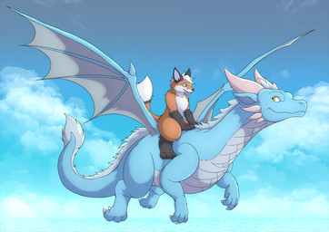 anthro black_body black_fur blue_body blue_scales cloud duo female female_feral feral flying fur hair horn male male/female male_anthro orange_body orange_fur riding riding_on_back scales sky white_body white_fur white_hair wings mighty_creation shikizshigls mythology sapphire_(itsxanderfox) xander_stock canid canine dragon fox mammal mythological_creature mythological_scalie red_fox scalie true_fox hi_res