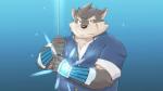 5_fingers anthro armor asian_sword black_nose blue_background bracers claws clothed clothing fingers front_view fur grey_body grey_fur holding_melee_weapon holding_object holding_sword holding_weapon kemono male melee_weapon rolled_up_sleeves scar shirt simple_background solo sword topwear weapon iwano lifewonders tokyo_afterschool_summoners moritaka_(tas) canid canine canis domestic_dog mammal 16:9 widescreen