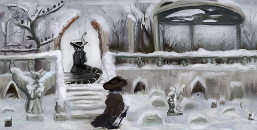ambiguous_gender anthro biped black_body branch cane cemetery clothed clothing duo feathers feet feral hat headgear headwear holding_cane holding_object looking_at_another outside plant sculpture snake_hood snow stairs standing statue tail tail_feathers talons toes tombstone tree winter leprzil laura_(leprzil) avian cobra reptile scalie snake 2025 hi_res female_(lore)