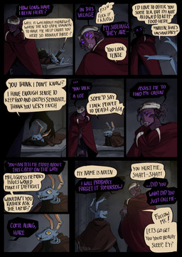 ambiguous_anthro ambiguous_gender anthro bandage blue_body blue_fur buckteeth dialogue duo fur inside purple_eyes speech_bubble talking_to_another teeth text aveloka cult_of_the_lamb massive_monster_(studio) nolen_(aveloka) shamura_(cult_of_the_lamb) arachnid arthropod hare lagomorph leporid mammal spider 2025 comic digital_drawing_(artwork) digital_media_(artwork) english_text hi_res
