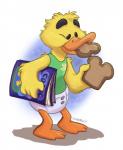 black_sclera bread clothed clothing diaper eating eyebrows feathers food shadow simple_background solo wearing_diaper yellow_body yellow_feathers orlandofox animal_crossing cc-by-nc-nd creative_commons nintendo joey_(animal_crossing) anatid anseriform avian bird duck mammal 2019 hi_res signature