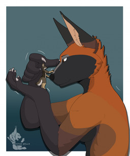 anthro breasts duo female fluffy fur hair handpaw holding_another looking_at_another macro male male/female micro paws simple_background size_difference smile tail ustak_nella canid mammal digital_drawing_(artwork) digital_media_(artwork) hi_res shaded signature