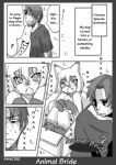 animal_bride anthro blush bodily_fluids clothed clothing dialogue dipstick_ears duo ear_markings female male multicolored_ears nude sweat tail text shinobe animal_bride_2 felid human mammal comic english_text hi_res monochrome translated