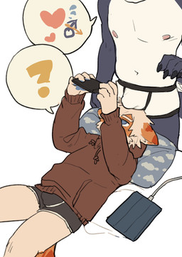adolescent adult_on_adolescent adult_on_young age_difference anthro anthro_on_anthro biped black_claws black_clothing black_underwear blue_body blue_eyes brown_clothing brown_hoodie brown_topwear bulge bulge_in_face bulge_on_head cellphone claws clothed clothing countershading dialogue distracted duo electronics erection erection_under_clothing fur gender_symbol gender_symbol_penetration hair heart_symbol holding_cellphone holding_object holding_phone holding_smartphone hoodie inner_ear_fluff interspecies kemono lewd_symbolism male male/male male/male_symbol male_symbol navel nipples older_male orange_body orange_fur phone pillow pink_nipples question_mark requesting sexuality_symbol smartphone speech_bubble symbol tablet tan_hair tea_bagging topwear tuft underwear white_body white_clothing white_countershading white_underwear young young_anthro young_male milkybot mythology hu_ku_li_(milkybot) yay_(milkybot) domestic_cat dragon felid feline felis mammal mythological_creature mythological_scalie scalie 2021 hi_res pictographics