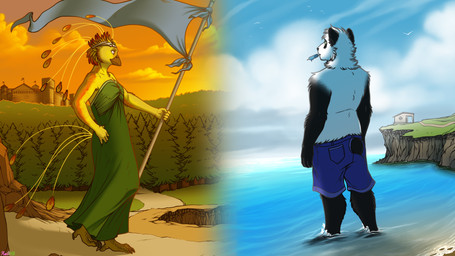 anthro beak building castle circlet clothed clothing dessert duo flag food forest green_eyes house ice_cream male orange_eyes plant royalty sea slightly_chubby sunset topless tree water conditional_dnp ratte disney european_mythology greek_mythology kingdom_hearts mythology square_enix moegami_(stiban) stiban_(character) avian bear giant_panda mammal mythological_avian mythological_bird mythological_creature mythological_firebird phoenix 16:9 digital_media_(artwork) hi_res widescreen