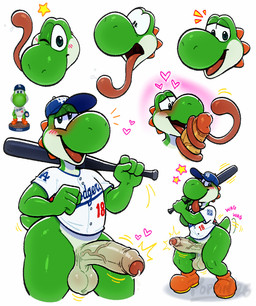 4_fingers anthro balls baseball_bat baseball_uniform bat_(object) blue_clothing blue_hat blue_headwear blush bodily_fluids bottomless bottomless_anthro bottomless_male clothed clothing countershading dripping erection fellatio figurine fingers footwear foreskin genital_fluids genitals glans green_body green_eyes hat headgear headwear heart_symbol hearts_around_head holding_baseball_bat humanoid_genitalia humanoid_penis long_tongue looking_at_partner's_penis looking_at_viewer male male/male mostly_offscreen_male motion_lines multiple_expressions multiple_positions non-mammal_balls one_eye_closed onomatopoeia oral orange_clothing orange_footwear orange_shoes orange_spines penile penis precum precum_drip prehensile_tongue red_glans scrotum_flap sex shoes side_butt simple_background solo sound_effects sportswear star_wink tail tail_motion tailwag text tongue tongue_around_penis tongue_out uniform vein veiny_penis white_background white_body white_countershading wide_hips wink winking_at_viewer yellow_penis conditional_dnp poppin los_angeles_dodgers mario_bros mlb nintendo yoshi_(character) green_yoshi yoshi 2026 colored dated digital_drawing_(artwork) digital_media_(artwork) hi_res reference_image signature