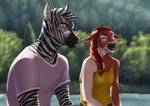 anthro clothed clothing duo ear_piercing ear_ring eyewear female forest glasses hair male male/female piercing plant red_body red_hair ring_piercing shirt smile stripes t-shirt topwear tree water white_body darzycat bovid bovine cattle equid equine mammal zebra watermark