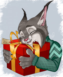 anthro black_claws black_ear_tips box cheek_tuft claws clothing container dipstick_ears ear_markings eyes_closed facial_tuft fur gift gift_bow gift_box gift_tag green_clothing green_sweater green_topwear grey_body grey_fur happy holding_box holding_container holding_gift holding_object male markings multicolored_ears pink_nose pink_tongue smile solo sweater teeth tongue topwear tuft whiskers white_body white_fur eiviaris disney zootopia pawbert_lynxley canada_lynx felid feline lynx mammal hi_res