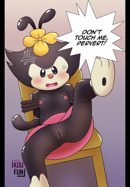 angry anthro bdsm bondage bottomless bound chair chair_bondage clothed clothing female furniture genitals looking_at_viewer nipples rope solo speech_bubble spread_legs spreading topless vulva koufun animaniacs warner_brothers dot_warner absurd_res hi_res