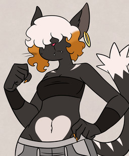 5_fingers anthro arm_markings belly belly_markings black_body black_clothing black_tail black_topwear black_tube_top bottomwear breasts brown_hair claws cleavage clothed clothing dipstick_tail ear_piercing ear_ring fangs female fingers furgonomic_piercing furgonomics gold_(metal) gold_ear_ring gold_jewelry grey_bottomwear grey_clothing hair heart_(marking) jewelry looking_at_viewer markings mole_(marking) multicolored_body multicolored_hair navel obscured_eyes orange_claws piercing pink_nose ring_piercing shoulder_markings simple_background solo tail tail_markings teeth topwear tube_top two_tone_body two_tone_hair whiskers white_hair white_tail_tip wristband nerdyreindeer domestic_cat felid feline felis mammal 2026