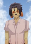 anthro black_hair black_nose blush cheek_tuft clothing cloud day eyes_closed facial_tuft fur hair looking_at_viewer male outside shirt simple_background sky smile solo topwear tuft yellow_body yellow_fur mottirimoto morenatsu kyouji_(morenatsu) bird_dog canid canine canis domestic_dog hunting_dog labrador mammal retriever 2014