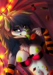 2016 absurd_res anthro arm_warmers armwear bra breasts candy canid canine clothing dessert digital_media_(artwork) effie_(thearchitect17) female food gorsha_pendragon green_eyes green_tongue halloween hi_res holidays licking looking_at_viewer mammal nipples seductive shaded smile solo text tongue tongue_out underwear