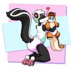 ambiguous_gender anthro black_body black_fur clean_diaper clothed clothing diaper eyes_closed eyewear fur furgonomics glasses hair heart_symbol kissing kneeling pawpads pink_pawpads plushie shirt solo topwear undershirt wearing_diaper white_body white_fur white_hair myoti mammal mephitid skunk 2018 hi_res