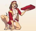 2023 anthro canid canine canis clothed clothing container crouching delivery_(commerce) digital_media_(artwork) domestic_dog floppy_ears food_delivery freckles_(kurenaikyora) hat headgear headwear hi_res jacket kasusei male mammal maremare navel nipples open_clothing open_jacket open_mouth open_topwear pizza_box pizza_delivery sei_kasu simple_background solo tiptoes topwear underwear
