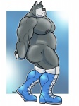 anthro biceps big_muscles biped boots butt clothed clothing footwear gloves handwear looking_at_viewer male muscular muscular_anthro muscular_male nipples pecs shoes simple_background solo standing topless wrestler houndgrey hound_(character) canid canine canis domestic_dog great_dane mammal mastiff molosser 2014