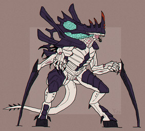 4_arms ambiguous_gender claws exoskeleton hooves horn looking_aside multi_arm multi_limb open_mouth purple_body simple_background solo standing tail teeth white_body alexandrys warhammer_(franchise) warhammer_40000 norn_emissary tyranid 2023 chromatic_aberration digital_media_(artwork)