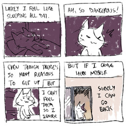 4_panel_comic ambiguous_gender anthro bed bedding black_eyes black_text blanket bodily_fluids cat_smile dialogue dot_eyes eyebrows eyes_closed furniture lying motion_lines mouth_closed on_back on_bed paws pillow simple_eyes sitting solo standing sweat sweatdrop text text_box wall_(structure) whiskers white_body window flavia-elric domestic_cat felid feline felis mammal 1:1 2020 comic digital_media_(artwork) english_text hi_res