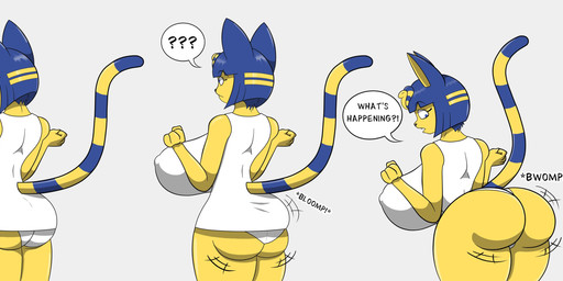 anthro big_breasts big_butt blue_eyes blue_hair breasts butt butt_expansion clothing dress expansion eyelashes female fur hair huge_breasts huge_butt long_ears long_eyelashes looking_back markings onomatopoeia panties shocked short_hair solo sound_effects striped_markings striped_tail stripes tail tail_markings tall_ears text thick_thighs thigh_expansion underwear wedgie white_clothing white_dress white_panties white_underwear yellow_body yellow_fur marshall123x_(artist) animal_crossing nintendo ankha_(animal_crossing) domestic_cat felid feline felis mammal absurd_res hi_res