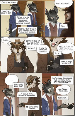 anthro biped black_nose brown_body brown_eyes brown_fur canine_teeth cheek_tuft clothing dialogue door doorway duo facial_tuft fur grey_body grey_fur hat head_tuft headgear headwear inner_monologue male opening_door pointy_ears prick_ears snout speech_bubble standing_in_doorway tail tan_body tan_fur teeth text text_box thinking tuft tusks yellow_sclera falco_works indy_(justroadkill) pen_(falco_works) canid canine canis cervine coyote deer mammal tufted_deer 2023 comic digital_media_(artwork) english_text hi_res multiple_scenes