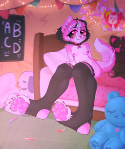 anthro bangs bed bedroom biped breasts chalkboard clothing collar countershade_torso countershading cute_fangs fangs female female_anthro fur furniture hair inside legwear looking_at_viewer mostly_nude nipple_piercing nipples pawpads paws piercing pose purple_body purple_fur short_hair sitting small_breasts solo teeth thigh_highs three-quarter_view toeless_legwear jun_j9_(artist) digital_drawing_(artwork) digital_media_(artwork) full-length_portrait hi_res portrait shaded simple_shading