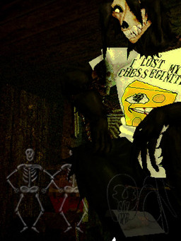 anthro arm_around_shoulders black_body black_fur black_hair bone cheese clothed clothing dairy_products detailed_background duo female food fur hair hand_on_arm shack shirt sitting skeleton skull skull_head teeth text text_on_clothing text_on_shirt text_on_topwear topwear goobsmooch sound_warning thegreaterclaush scp_foundation scp-1471-a canid canine mammal 3:4 animated digital_media_(artwork) hi_res pixel_(artwork) short_playtime sound video