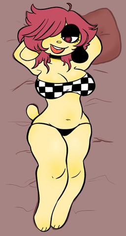 anthro bikini breasts checkered checkered_clothing checkered_topwear clothing dakimakura female fur hair heart_pupils heart_symbol pattern_clothing pattern_topwear red_hair solo swimwear thonk topwear two-piece_swimsuit yellow_body yellow_fur unknown_artist vermin_fight_club chexi vermin_(species) dakimakura_design hi_res