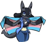 anthro biped black_body black_fur blue_eyes breasts chest_spike female female_anthro flag flag_(object) fur grey_body grey_fur lgbt_pride pride_color_flag pride_colors slim_anthro slim_female solo spikes spikes_(anatomy) transgender_pride_colors wide_hips roebro nintendo pokemon generation_4_pokemon lucario pokemon_(species) 2024