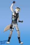 2023 4_toes 5_fingers absurd_res anthro belt black_nose bottomwear canid canine canis claws clothed clothing dewclaw digital_media_(artwork) epic_games fangs feet finger_claws fingerless_gloves fingers fist_pump footwear fortnite fur gloves grey_body grey_fur handwear hat headgear headwear hi_res hindpaw humanoid_hands male mammal multicolored_body multicolored_fur open_mouth open_smile paws shorts signature smile solo teeth toeless_footwear toes tongue tongue_out topwear two_tone_body two_tone_fur vest wendell_(fortnite) white_body white_fur wolf wolfariz