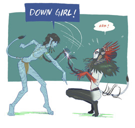 4_fingers 5_fingers accessory age_difference armband back_groove bdsm black_bodypaint black_eyeshadow black_hair blue_body blue_skin blue_speech_bubble blue_stripes blush blush_lines bodypaint bottomwear breasts clothed clothed_female clothed_humanoid clothing command_to_sit commanding crouching dominant dominant_female dominant_female_submissive_female dominant_humanoid duo ear_piercing ears_back exclamation_point eyeshadow feather_headdress female female/female female_humanoid fingers gesture glint gloves_(marking) hair hair_accessory hand_gesture headdress humanoid_on_humanoid leg_markings loincloth makeup markings motion_lines neural_queue neural_queue_contact not_furry older_female older_humanoid petplay piercing pink_glow pivoted_ears pointing pointing_down pointy_ears ponytail prick_ears queue_(hairstyle) red_bodypaint red_text roleplay short_snout side_view simple_background skinny skinny_female skinny_humanoid small_breasts socks_(marking) striped_body striped_skin stripes submissive submissive_female submissive_humanoid tail tail_tuft talking_to_another text tribal tribal_clothing tuft white_background white_speech_bubble white_text yellow_eyes younger_dom_older_sub younger_female younger_humanoid pathfinderavt down_boy_(meme) james_cameron's_avatar kiri_(james_cameron's_avatar) varang_(james_cameron's_avatar) alien humanoid na'vi 2026 digital_drawing_(artwork) digital_media_(artwork) english_description full-length_portrait hi_res meme portrait