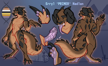 animal_genitalia anthro genital_slit genitals horn male nude nude_male solo tail tongue tongue_out yellow_eyes conditional_dnp elvche bethesda_game_studios fallout microsoft erryl_hadlan fan_character deathclaw scalie 2025 absurd_res hi_res model_sheet