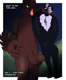 anthro balls big_penis butt butt_focus captured duo female genitals huge_penis humanoid_genitalia humanoid_penis kidnapping male male/female night nude penis plug_(sex_toy) sex_toy star tongue tongue_out vulva chaosraccoon kinktober bovid canid canine canis caprine humanoid mammal sheep wolf
