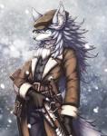 anthro bad_trigger_discipline belt chest_tuft clothed clothing fingerless_gloves fluffy fluffy_tail fully_clothed fur gloves grey_body grey_fur gun hair handwear hat headgear headwear holding_gun holding_object holding_ranged_weapon holding_weapon inner_ear_fluff knife long_hair looking_at_viewer male outside ranged_weapon snow solo standing tail tuft weapon white_body white_fur tsu_ji fate_(series) type-moon patxi_(fate) canid canine mammal yaga 2018