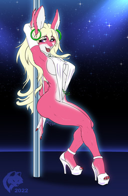 ankle_strap_heels anthro armwear big_breasts bikini blonde_hair blue_eyes breasts buckteeth butt choker claws cleavage clothed clothing cosmic_background ear_piercing ear_ring elbow_gloves feet female finger_claws fingers footwear fur gloves hair handwear high_heels hindpaw hoop_ear_ring humanoid_hands jewelry long_hair multicolored_body multicolored_fur navel navel_pendant navel_piercing necklace one-piece_swimsuit open_mouth open_smile open_toe_heels paws piercing pink_body pink_fur platform_footwear platform_heels pole pumps ring_piercing shoes sling_bikini smile solo starry_background stripper stripper_pole swimwear teeth toe_claws toeless_heels toes tongue two-piece_swimsuit two_tone_body two_tone_fur white_body white_fur ghostwolf bunny_(stealtharwing) lagomorph leporid mammal rabbit 2022 digital_media_(artwork) flat_colors signature