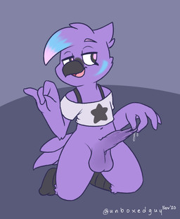 4_fingers anthro balls beak bedroom_eyes black_beak bottomless clothed clothing feathers fingers foreskin foreskin_play foreskin_pull fur genitals hair humanoid_genitalia humanoid_penis kneeling long_foreskin male midriff multicolored_hair narrowed_eyes navel non-mammal_balls non-mammal_navel open_beak open_mouth open_smile penis presenting presenting_penis purple_body purple_fur purple_tail_feathers seductive shirt simple_background smile solo tail tail_feathers topwear unretracted_foreskin nutty_bo avian bird 2020 dated digital_media_(artwork)