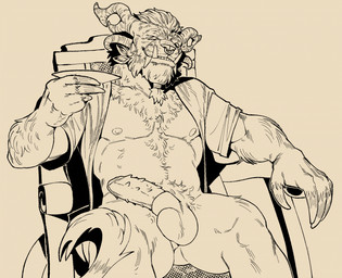 4_ears 4_horns animal_genitalia animal_penis anthro balls biped chair claws clothed clothing eyes_closed facial_piercing fangs finger_claws furniture genitals horn male male_anthro multi_ear multi_horn nipples nose_piercing nose_ring on_chair open_clothing open_shirt open_topwear penile_spines penis piercing reclining ring_piercing sheath shirt sitting sitting_on_chair smile solo tail tail_tuft teeth topwear tuft roamingthrough guild_wars charr felid mammal 2026 digital_media_(artwork) hi_res monochrome