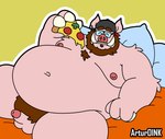 anthro balls bed belly big_belly clothing ear_piercing ear_ring erection eyes_closed eyewear food furniture genitals glasses hat headgear headwear male moobs navel nipples obese obese_male overweight overweight_male penis piercing pillow pizza pizza_slice pubes ring_piercing solo artur_oink domestic_pig mammal suid suine sus_(pig) 2022 absurd_res hi_res