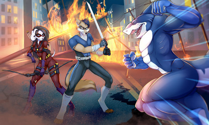 anthro battle brawl city clothed clothing costume female fight fire group hero male showdown street struggling superhero trapped trio villainous weapon kamiki_fox jack_(alphaleader) syris aquatic canid canine canis fish mammal shark wolf