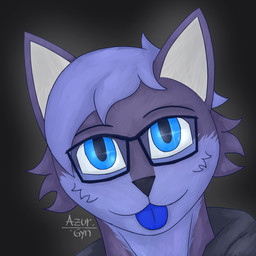 anthro blep blue_eyes clothing eyewear fur glasses hair hoodie male purple_body purple_fur purple_hair simple_background solo tongue tongue_out topwear azurgyn domestic_cat felid feline felis mammal digital_drawing_(artwork) digital_media_(artwork) hi_res icon portrait signature