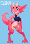 anthro bell bell_collar blue_eyes bottomless breasts clothed clothing collar featureless_crotch feet female hand_on_hip horn jingle_bell looking_at_viewer non-mammal_breasts pink_body pink_scales scales simple_background solo tongue tongue_out topwear tube_top elsian jennie_koe_bolde kobold reptile scalie hi_res watermark