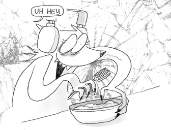 anthro bowl container cutlery dialogue electronics female food fork headphones holding_object kitchen_utensils solo text tools twistcmyk english_text hi_res monochrome