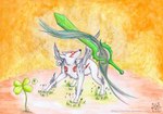 ambiguous_gender clover_(plant) feral fur grass logo markings melee_weapon mouth_closed plant red_markings solo sword text weapon white_body white_fur kola_(artist) capcom okami_(capcom) amaterasu_(okami) canid canine canis mammal wolf 2011 artist_logo dated traditional_media_(artwork) url