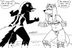 anthro bikini clothing dialogue duo female fighting_pose frown fur hair midriff mud mud_wrestling navel pose swimwear text two-piece_swimsuit whiskers wrestling tegerio zandar's_saga catherine_o'daisies wolf_queen_(eocostello) canid canine canis mammal mephitid skunk striped_skunk wolf 2019 english_text monochrome