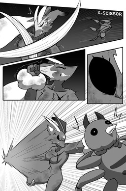 1_horn ambiguous_feral ambiguous_gender anthro arthropod_webbing biped black_sclera blinded blood bodily_fluids breasts chest_wound duo featureless_breasts female female_anthro feral fight grabbing_another holding_another horn size_difference slashing wounded cuchuflin nintendo pokemon spinny_(cuchuflin) arthropod generation_2_pokemon generation_4_pokemon lopunny pokemon_(species) spinarak 2026 absurd_res comic digital_drawing_(artwork) digital_media_(artwork) greyscale hi_res monochrome