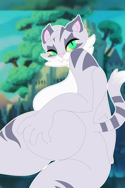 anthro big_breasts big_butt breasts butt female fur fur_markings green_eyes grey_body grey_fur hand_on_butt looking_back lying markings on_side outline screencap screencap_background side_boob solo striped_markings striped_tail stripes tail tail_markings white_outline yellow_sclera redwardeaht brawlhalla asuri_(brawlhalla) felid feline mammal pantherine tiger 2022 colored_sketch digital_media_(artwork) hi_res sketch