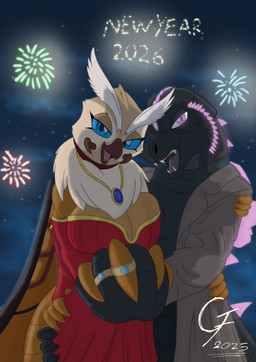 4_arms anthro big_breasts breasts clothed clothed_anthro clothing duo female female_anthro fireworks holidays insect_wings lepidopteran_wings looking_at_viewer male male/female multi_arm multi_limb open_mouth romantic romantic_couple text wings overlord_gabriel godzilla_(series) monsterverse mothra_(series) new_year toho godzilla mothra arthropod insect kaiju lepidopteran moth reptile scalie 2025 digital_drawing_(artwork) digital_media_(artwork) english_description english_text full-length_portrait hi_res portrait