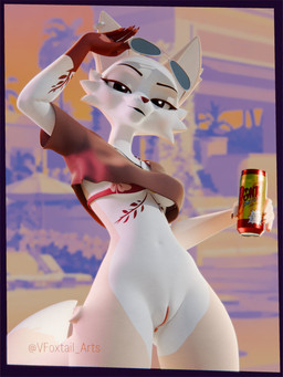 anthro beverage_can bikini bikini_top bottomless breasts brown_eyes clothed clothing crop_top dipstick_tail ear_piercing ear_ring eyebrows eyewear eyewear_on_head female genitals jewelry markings navel necklace piercing ring_piercing shirt solo sunglasses sunglasses_on_head swimwear tail tail_markings tan_body topwear two-piece_swimsuit under_boob vulva wearing_sunglasses white_body foxdee_foxtail gta_vi_cover_girl fany_(foxdee) canid canine fox mammal 2026 3:4 3d_(artwork) absurd_res digital_media_(artwork) hi_res